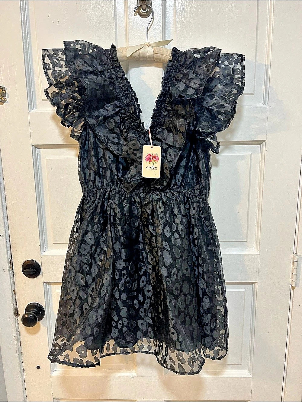 Entro Leopard Pattern Ruffle Dress Mini Black Large - Picture 3 of 7